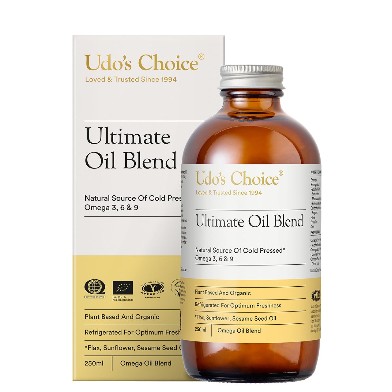Udo's Choice Ultimate Oil Blend vegan omega 3 6 9 cold-pressed organic seed oil in amber glass bottle with white and yellow label and packaging box