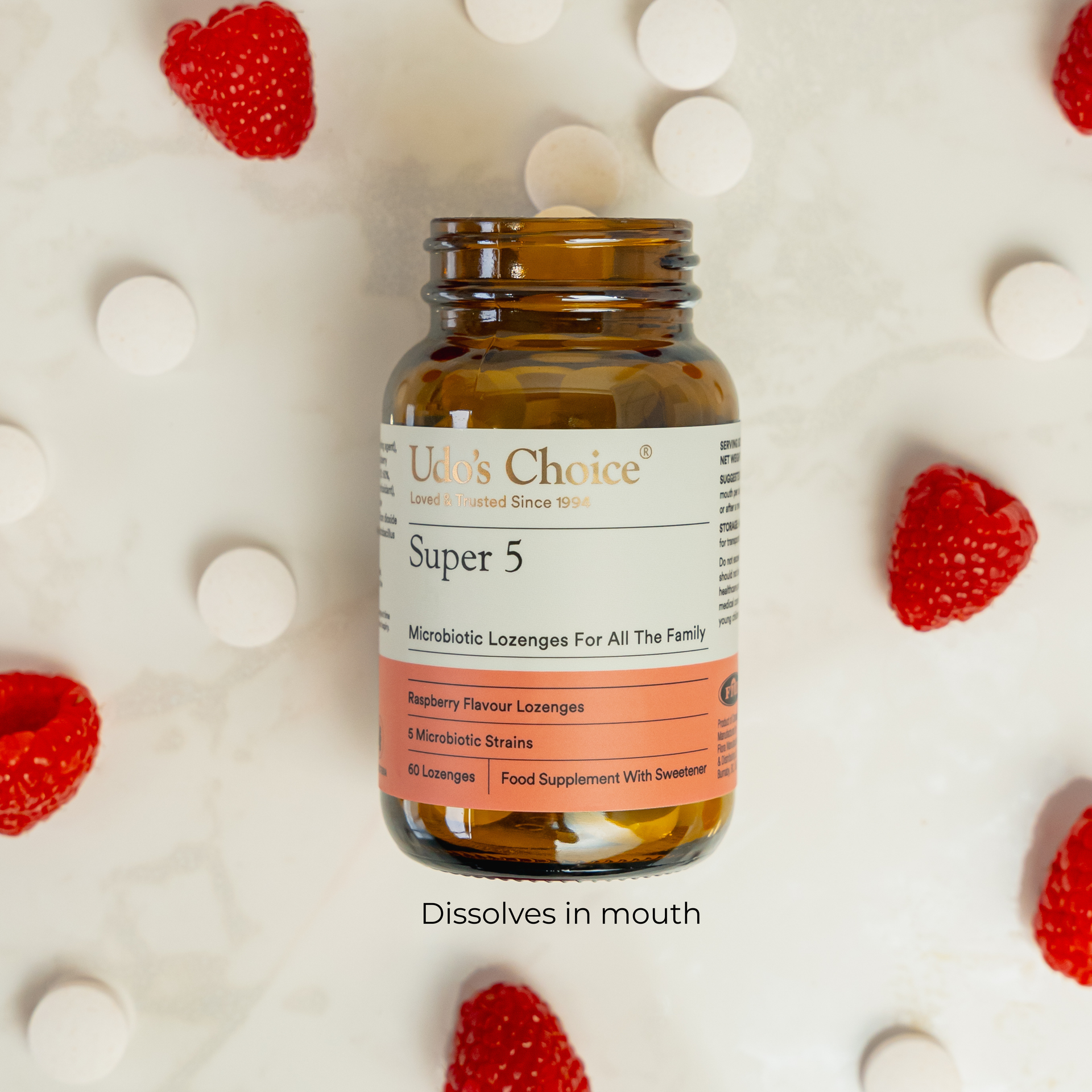 Udo's Choice Super 5's Microbiotics | Oral Probiotics - Raspberry Lozenges
