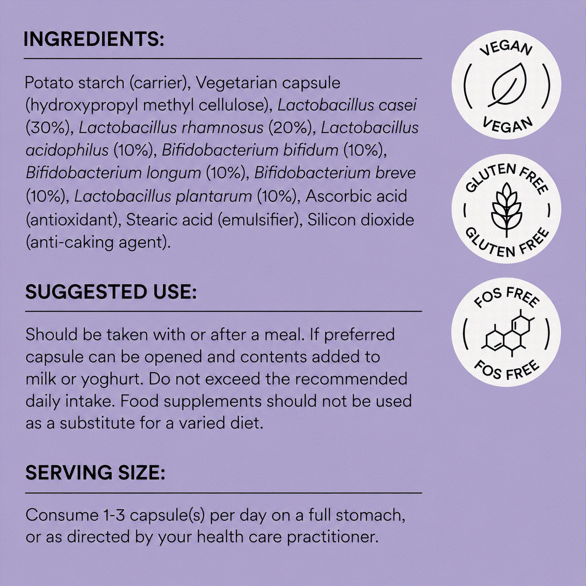 A purple informational graphic with text detailing the ingredients, suggested use, and serving size of a vegan gluten-free FOS free supplement capsule. Three circular badges on the right highlight key product attributes: Vegan, Gluten Free, and FOS Free.