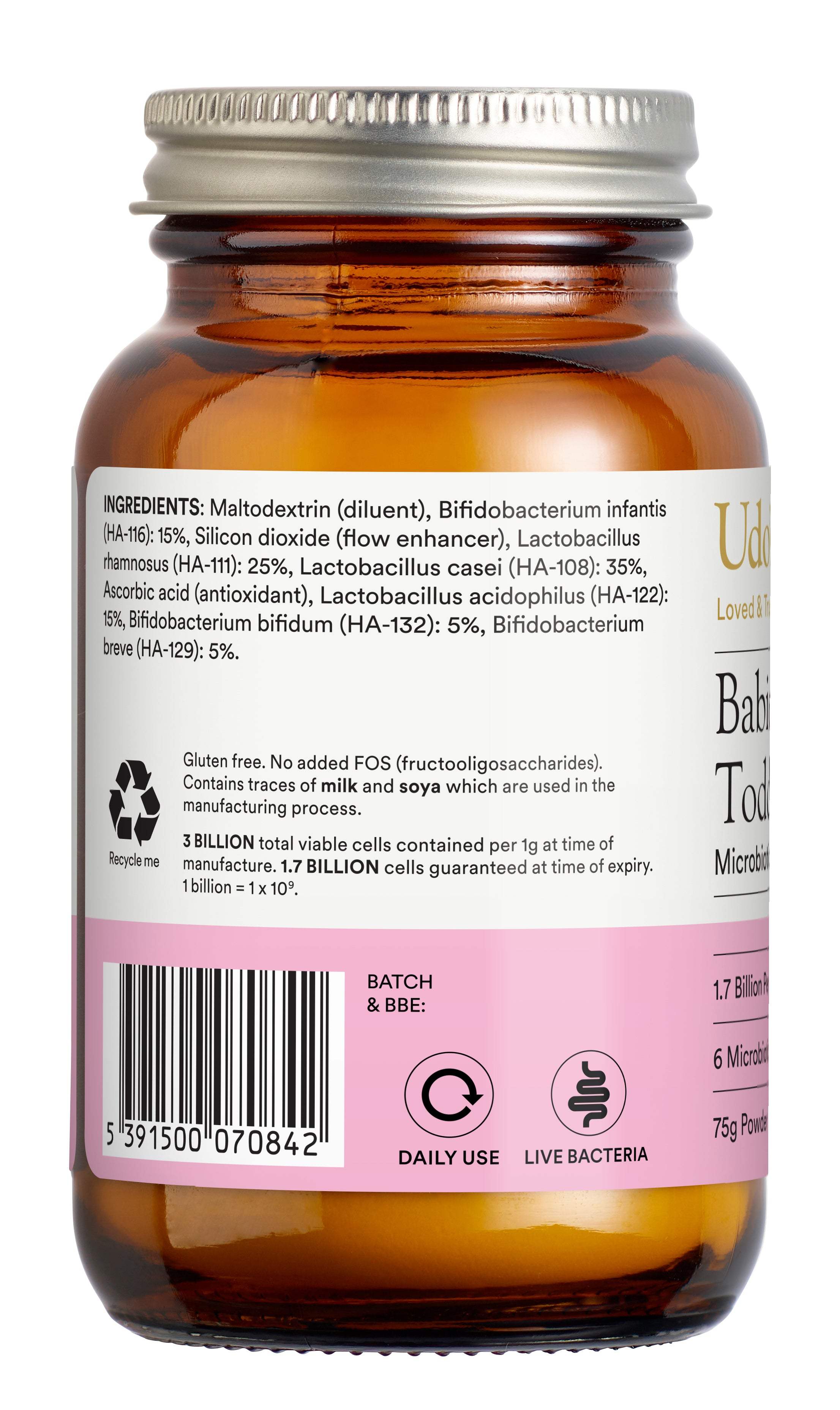 Bottle of baby formula probiotics with label showing ingredients and branding Udo's Choice microbiotics for kids