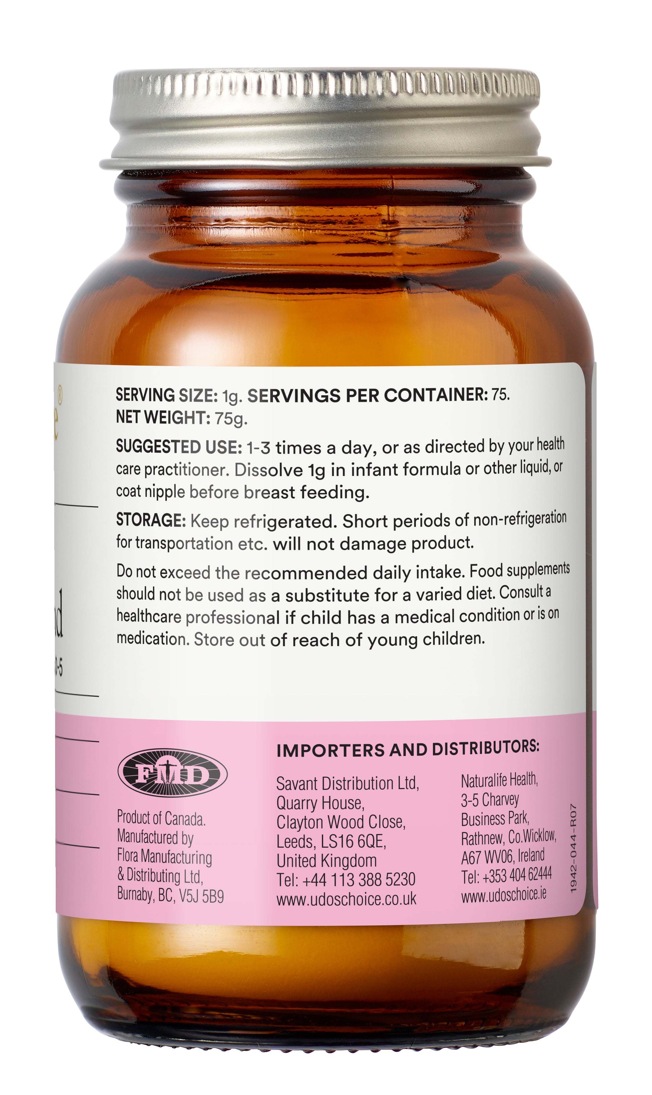 Brown supplement bottle with label on a white background