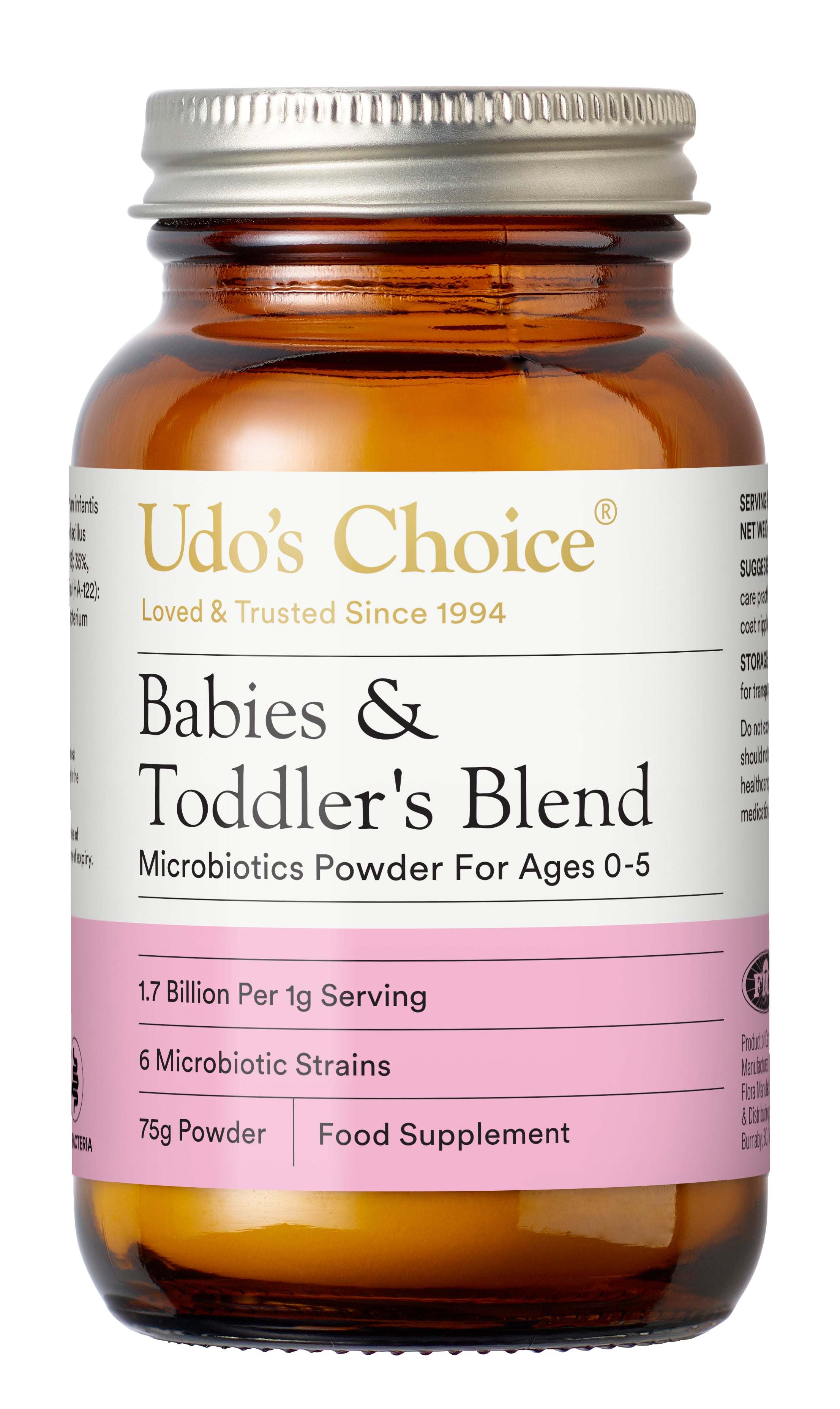 Udo's Choice Babies & Toddler's Blend powder bottle on a white background