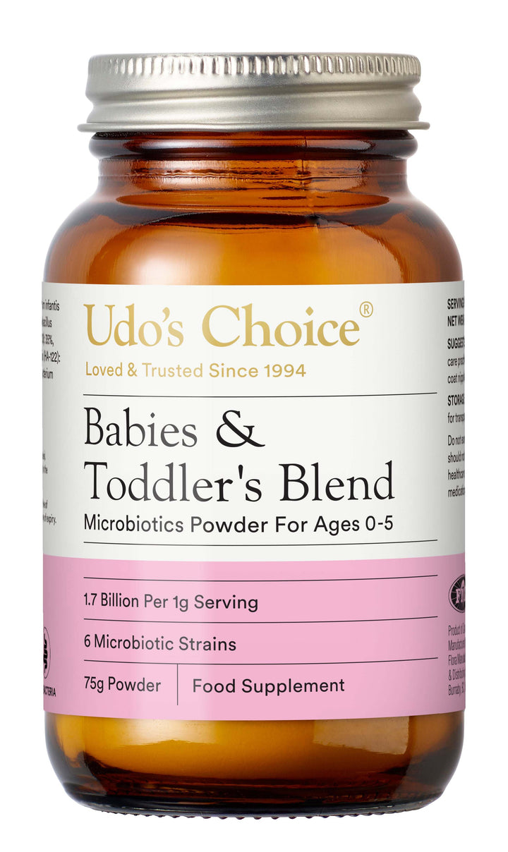 Udo's Choice Babies & Toddler's Blend powder bottle on a white background