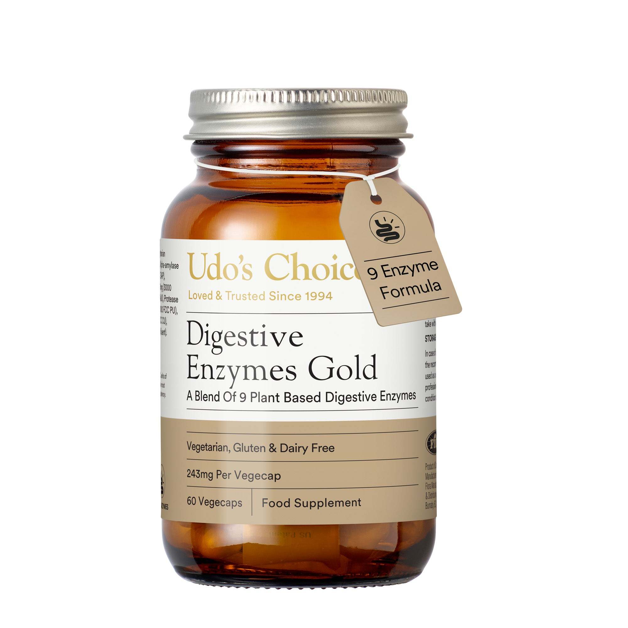 A bottle of Udo's Choice Digestive Enzymes Gold food supplement, featuring an amber glass bottle with a silver metal cap and a brown paper hangtag, set against a plain white background.