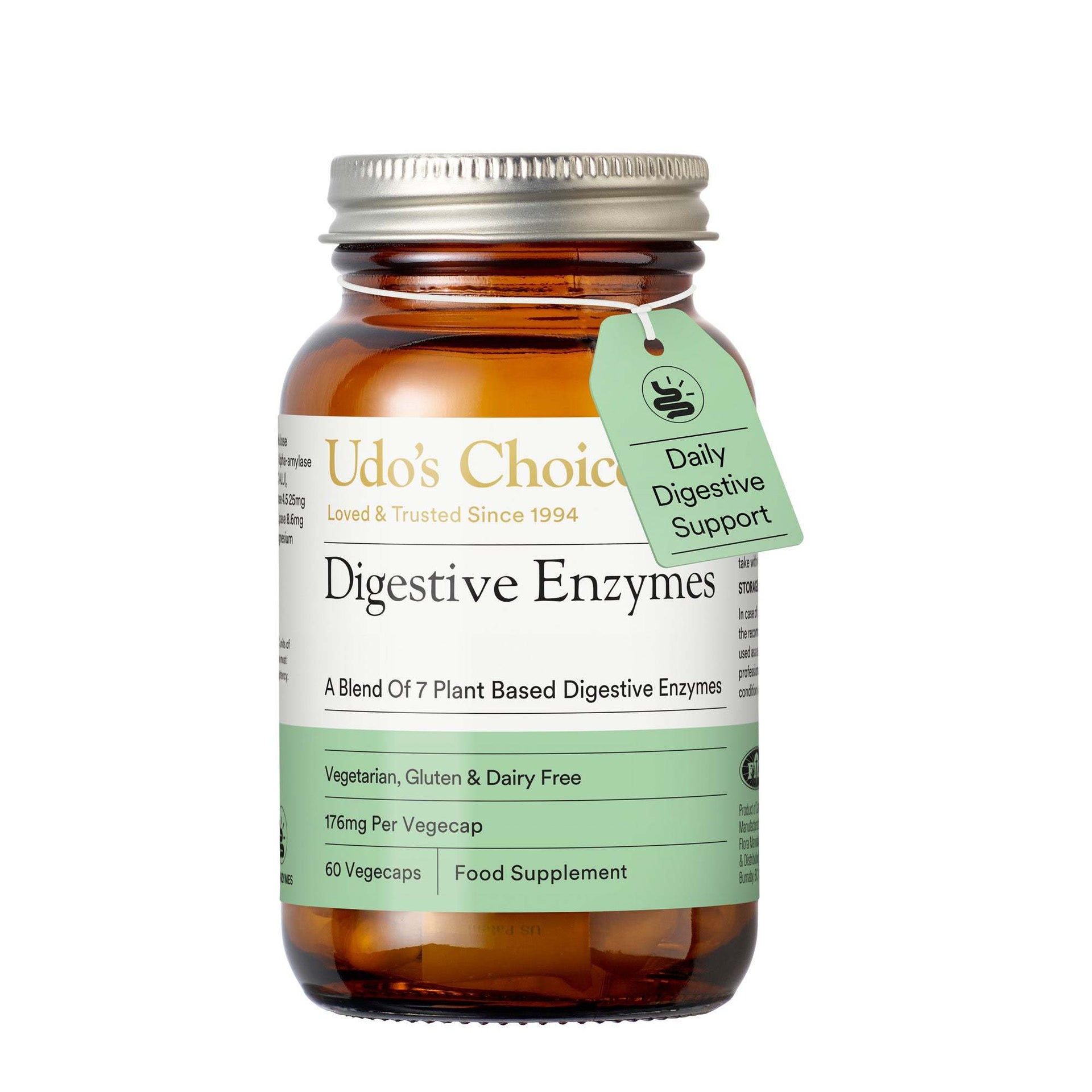 Udo's Choice Digestive Enzymes in an amber glass bottle with a silver metal cap and a green hanging tag, shown on a white background.