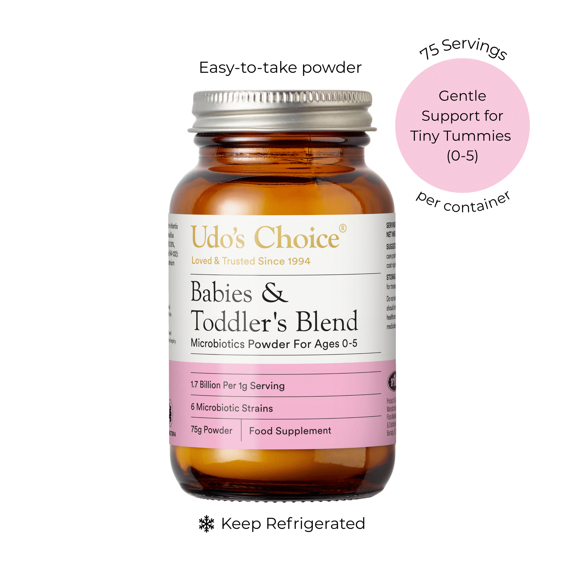 Udo's Choice Babies & Toddler's Blend powder bottle with label on a white background