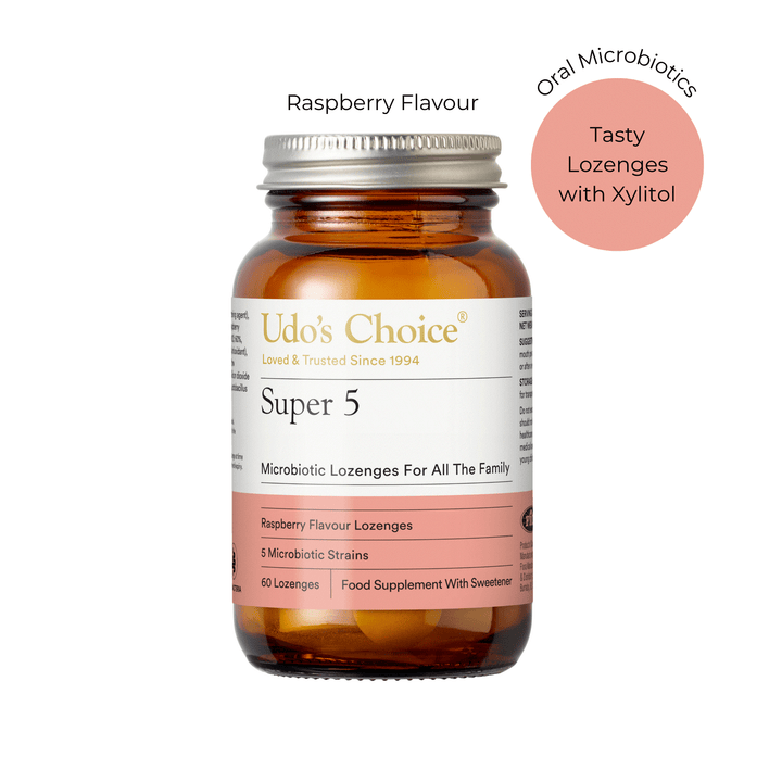 Udo's Choice Super 5 microbiotic oral lozenges bottle with raspberry flavour on a white background