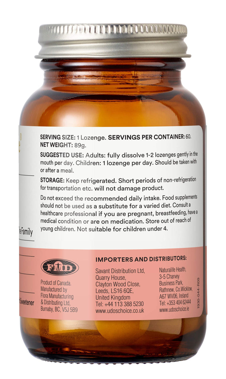 Brown pill bottle with label on a white background udos choice microbiotics