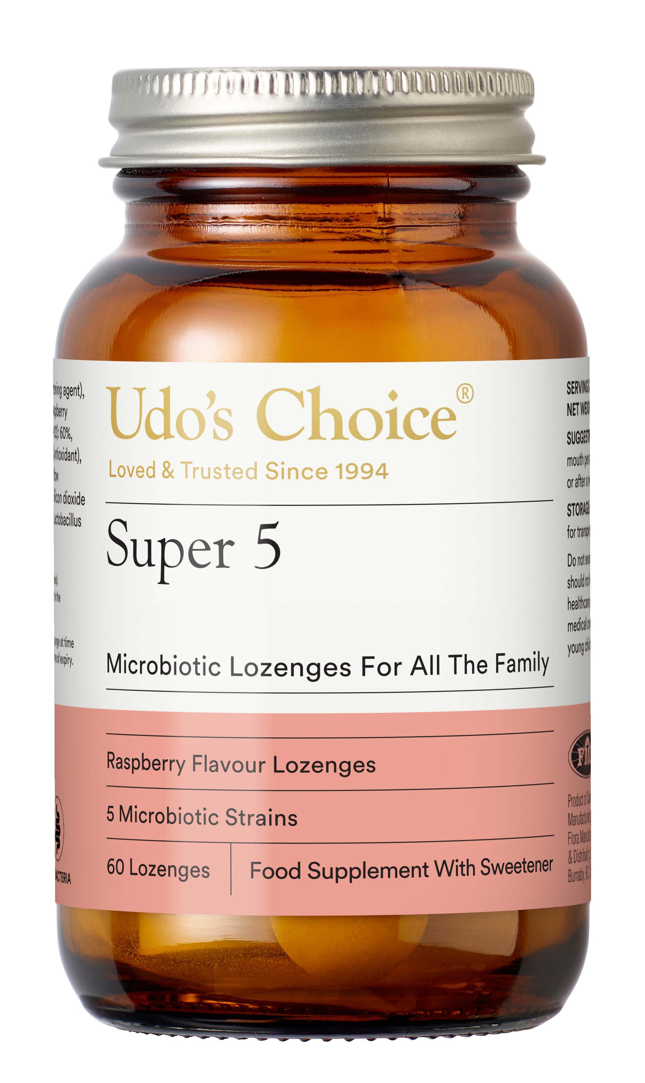 Udo's Choice Super 5 microbiotic lozenges bottle on a white background