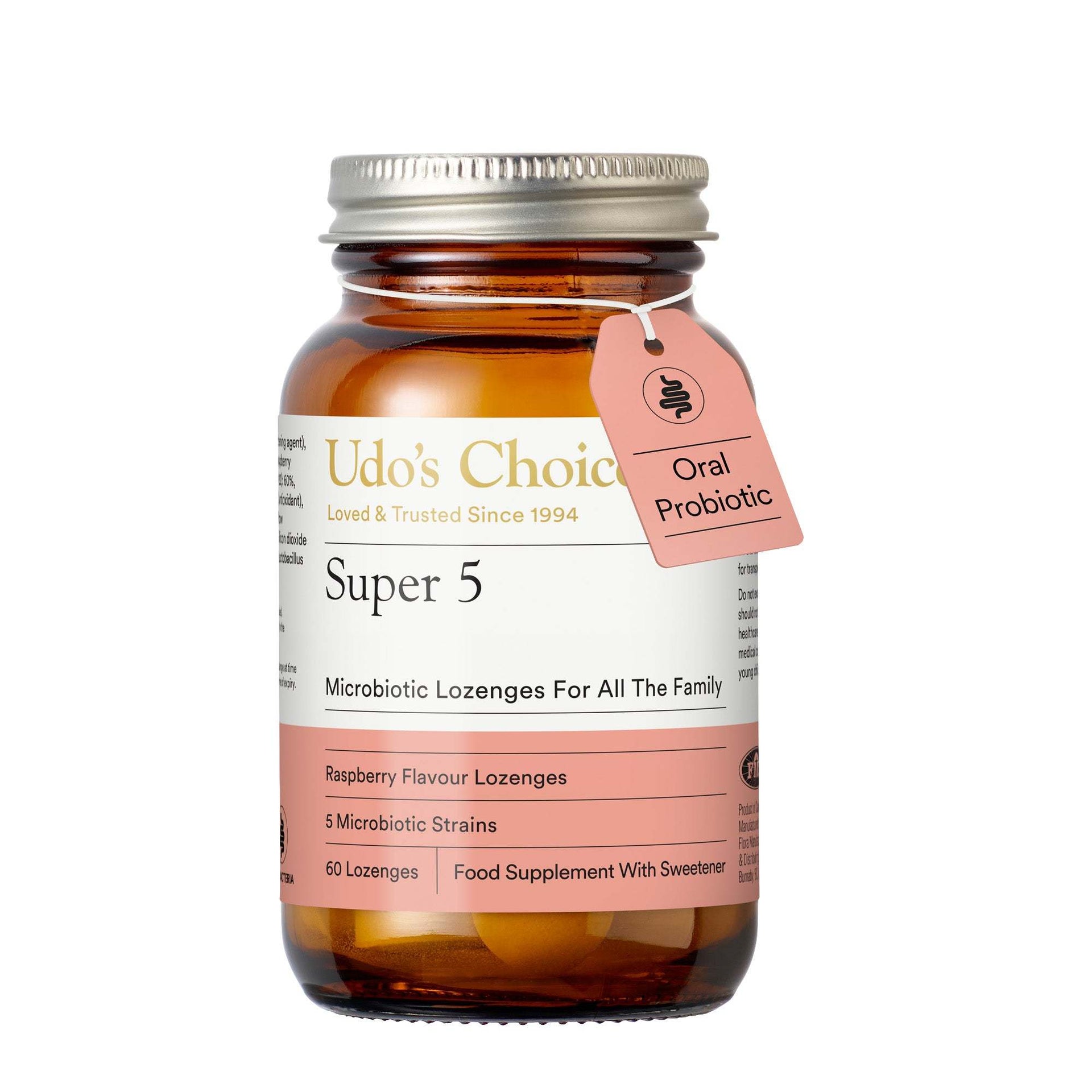 Udo's Choice Super 5 Oral Probiotic lozenge bottle, 50ml amber glass jar with a silver metal cap and a pink hanging tag, on a white background.