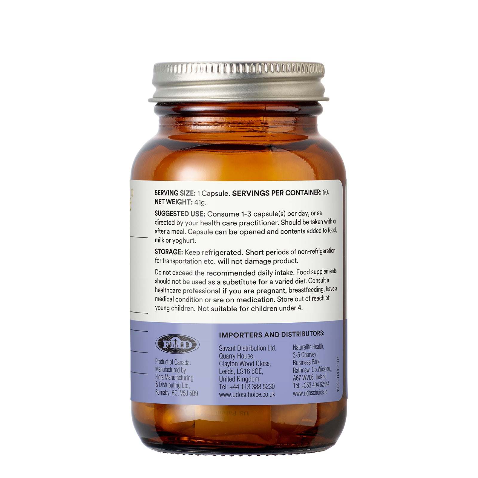 Brown supplement bottle with label on a white background