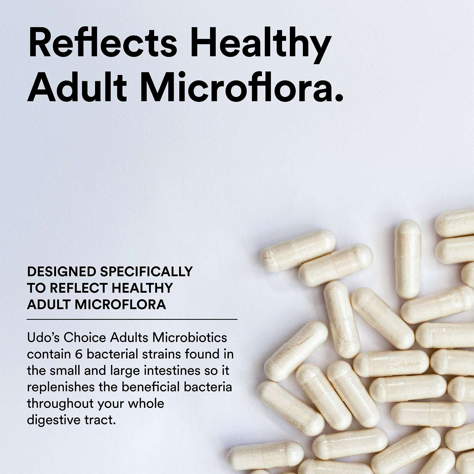Capsules with text about healthy adult microflora and microbiotics on a light background