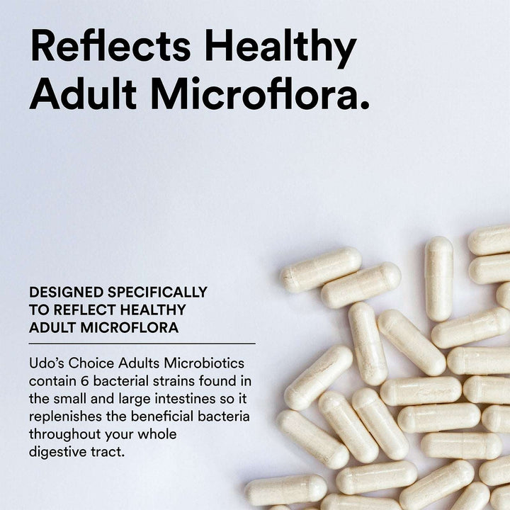 Capsules with text about healthy adult microflora and microbiotics on a light background