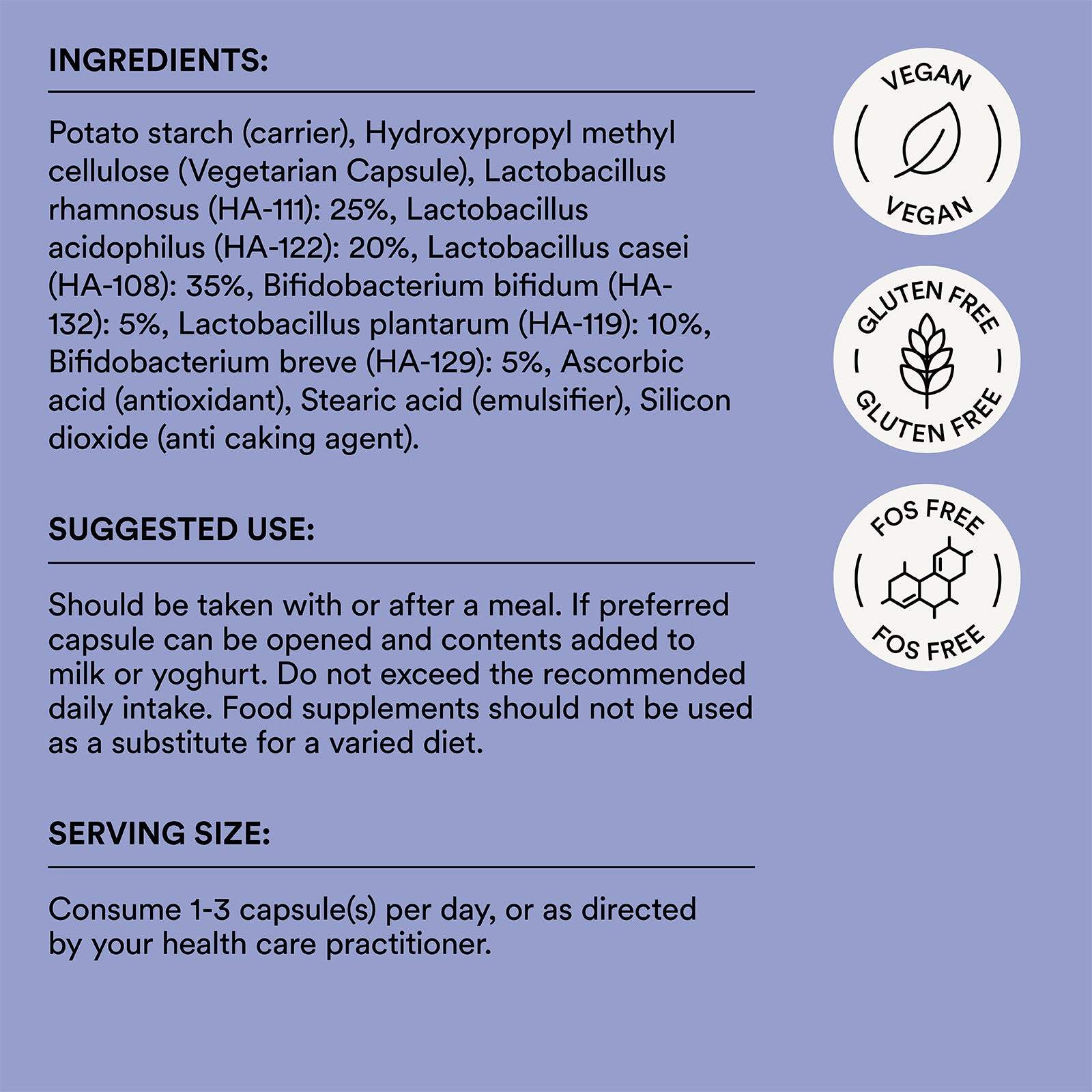 Supplement label with ingredients, suggested use, and product details on a blue background
