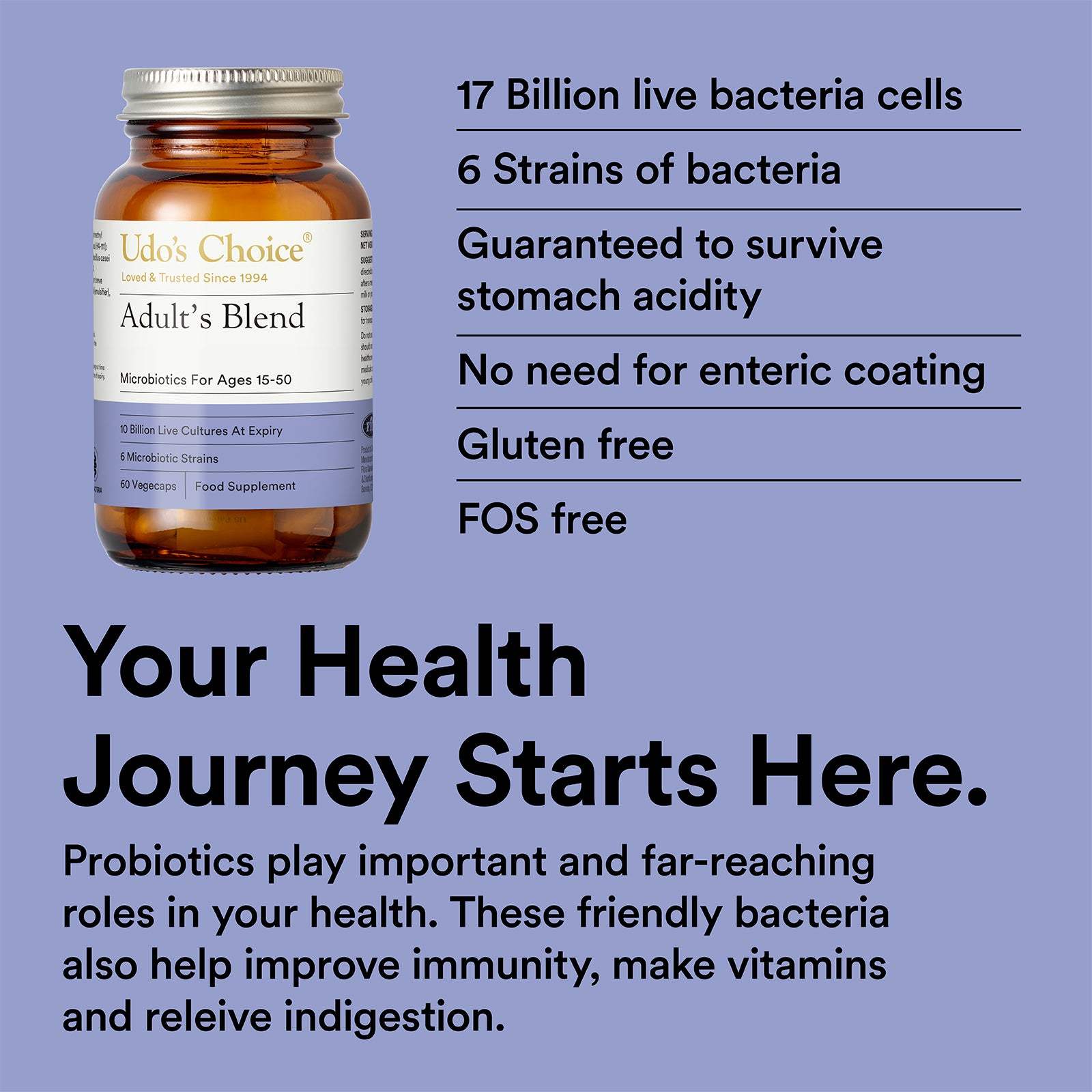 Udo's Choice Adult's Blend probiotic bottle on a purple background with text about benefits.