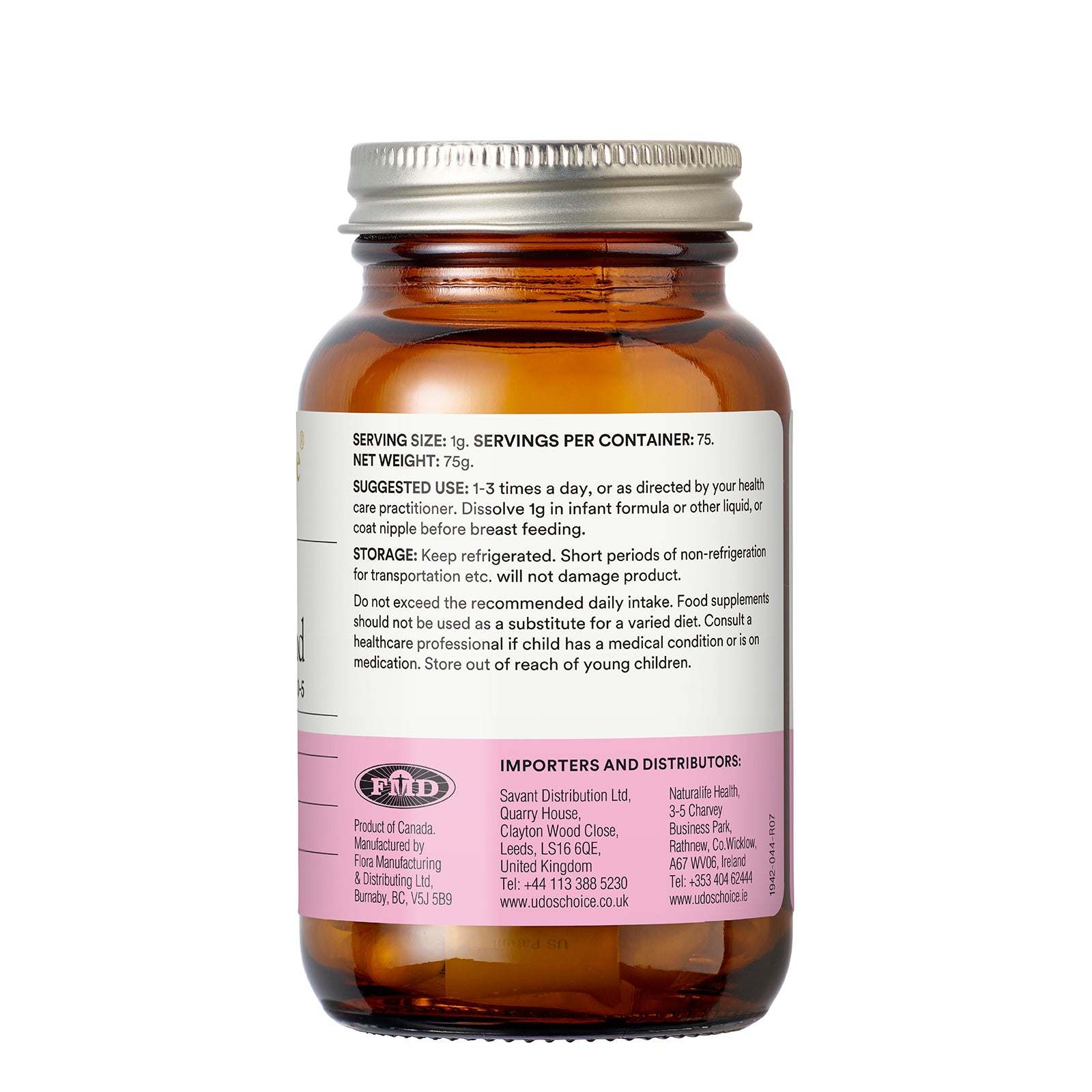 Brown supplement bottle with label on a white background