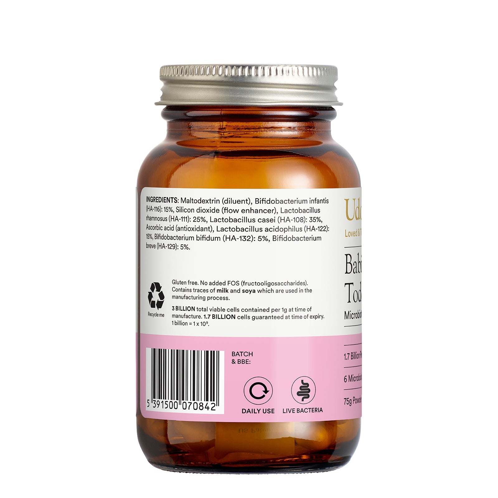 Bottle of a dietary supplement with a label on a white background