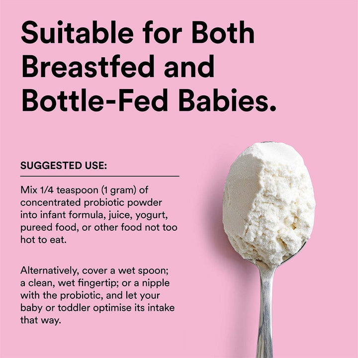 Spoonful of probiotic powder with text on a pink background