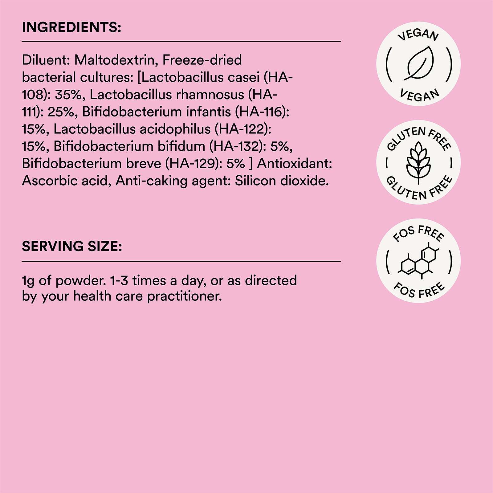 Ingredients list and labels for a dietary supplement on a pink background