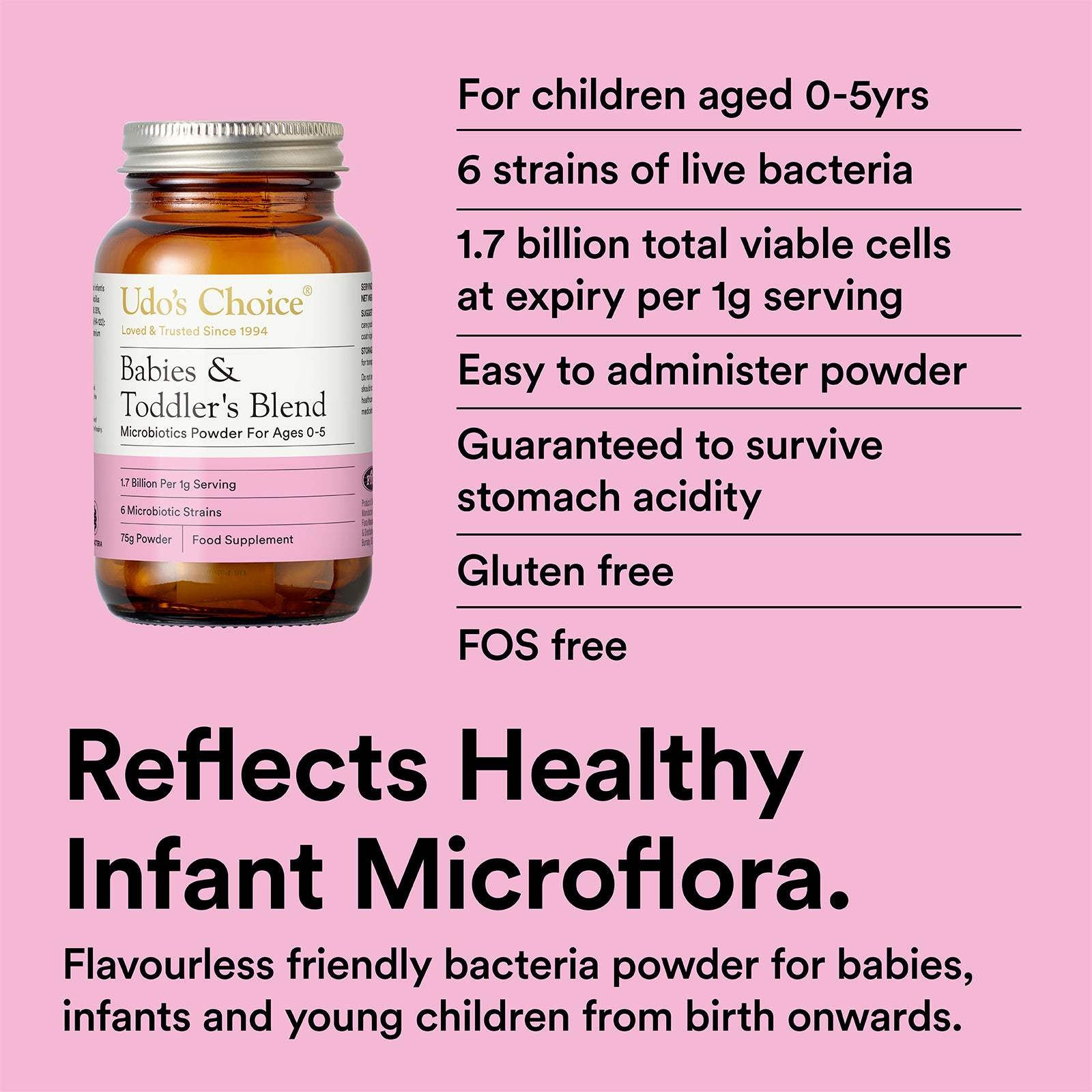 Bottle of Udo's Choice Babies & Toddler's Blend on a pink background with product details.