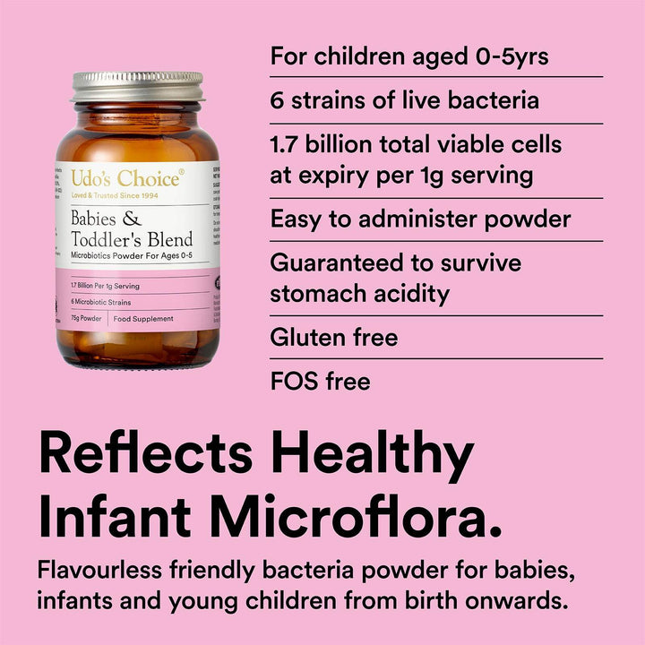 Bottle of Udo's Choice Babies & Toddler's Blend on a pink background with product details.