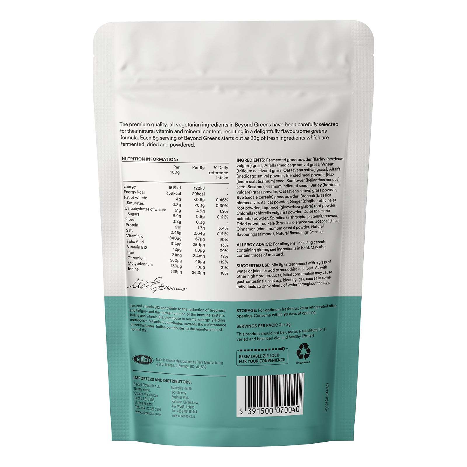 Back view of a supplement package with nutritional information and ingredients list.