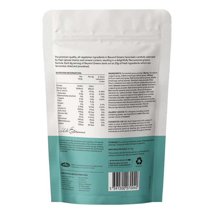 Back view of a supplement package with nutritional information and ingredients list.