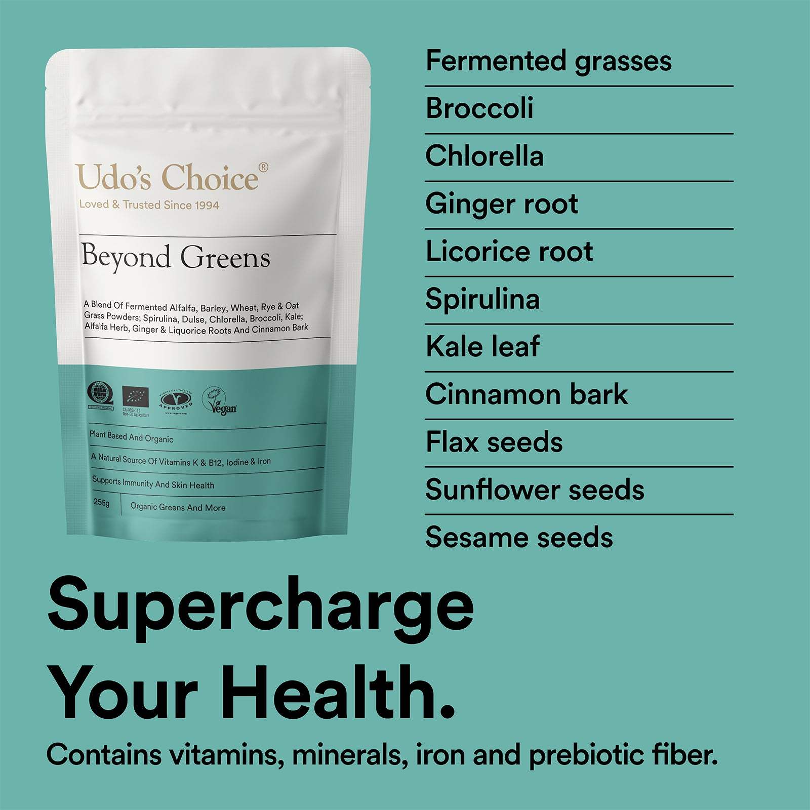 Udo's Choice Beyond Greens package with a list of ingredients on a teal background