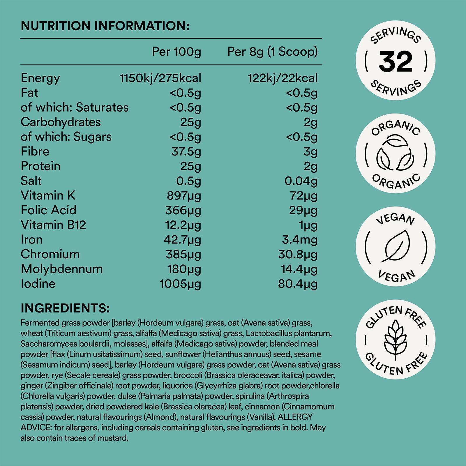Nutrition information label with icons for organic, vegan, gluten-free on a teal background