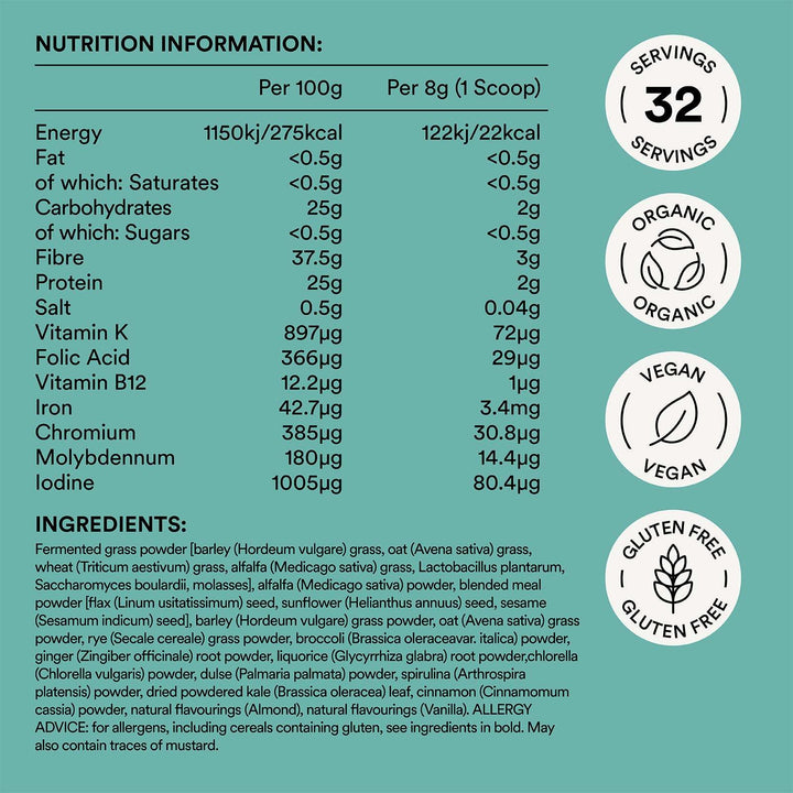 Nutrition information label with icons for organic, vegan, gluten-free on a teal background
