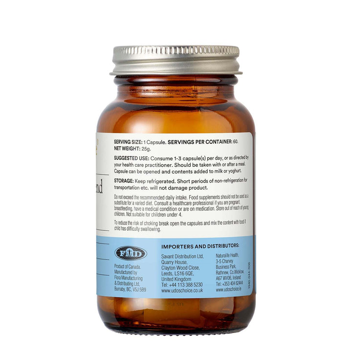 Brown supplement bottle with a label on a white background