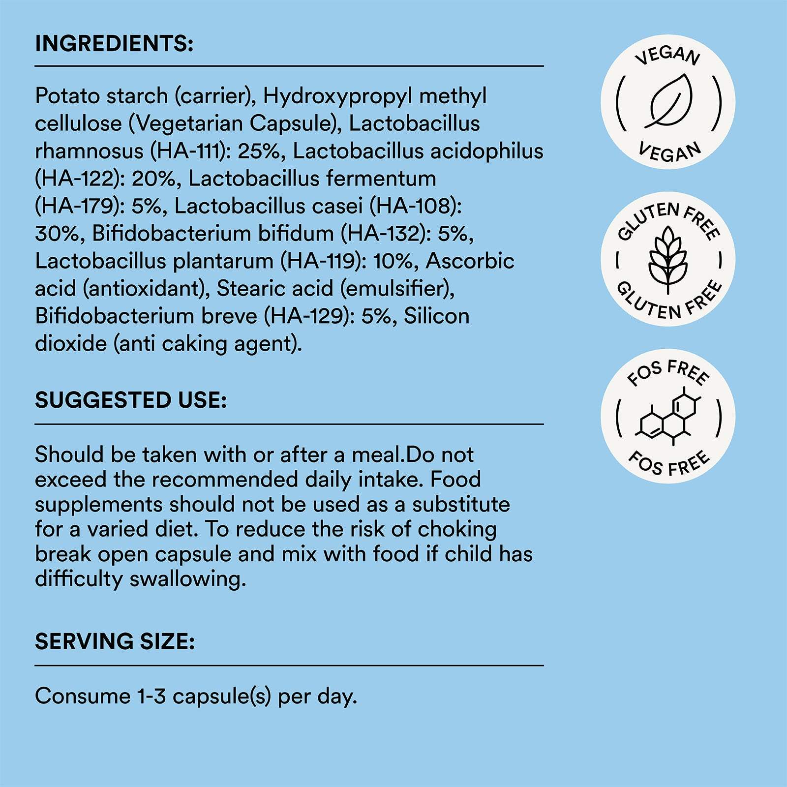 Supplement label with ingredients, suggested use, and product details on a blue background