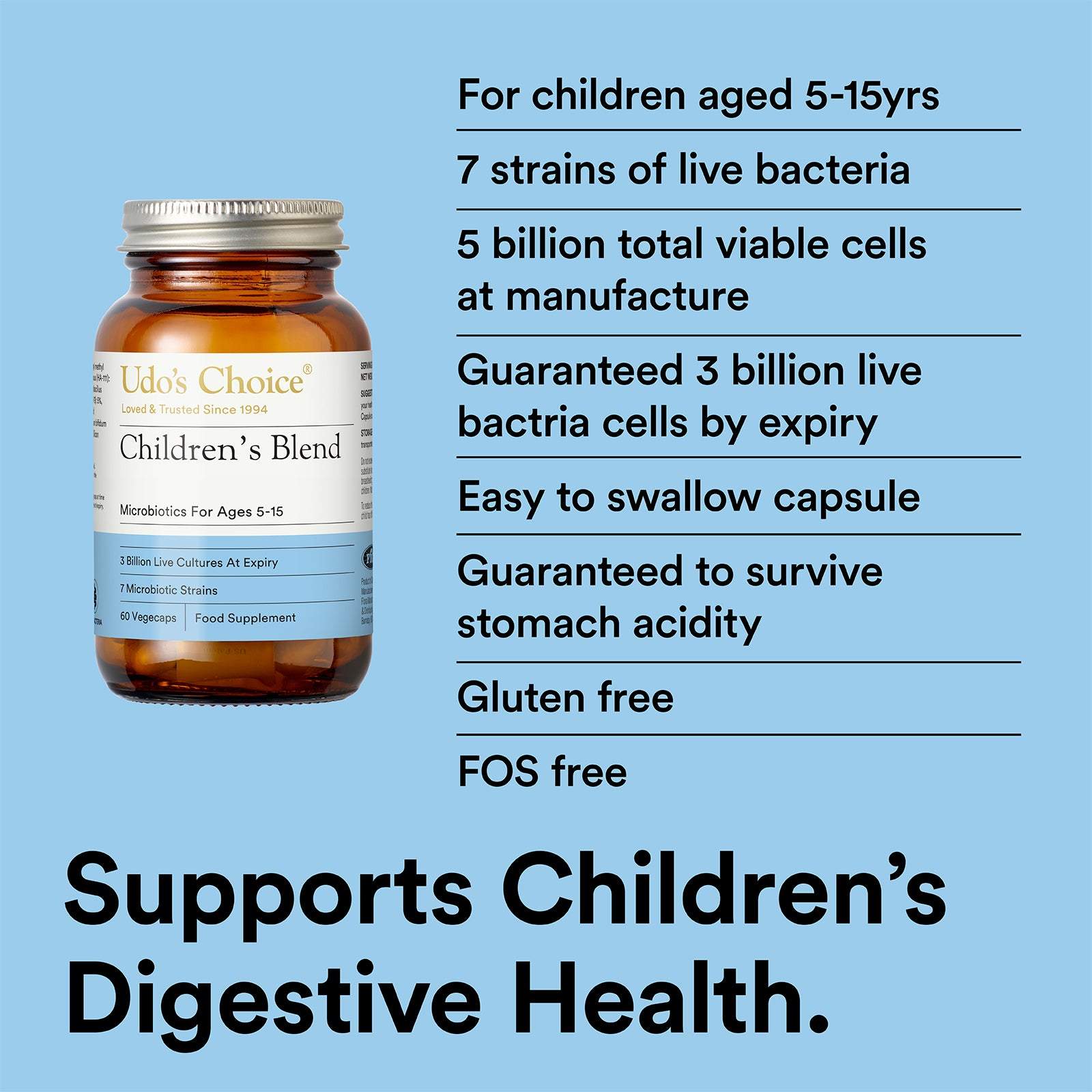 Udo's Choice Children's Blend supplement bottle with product details on a blue background
