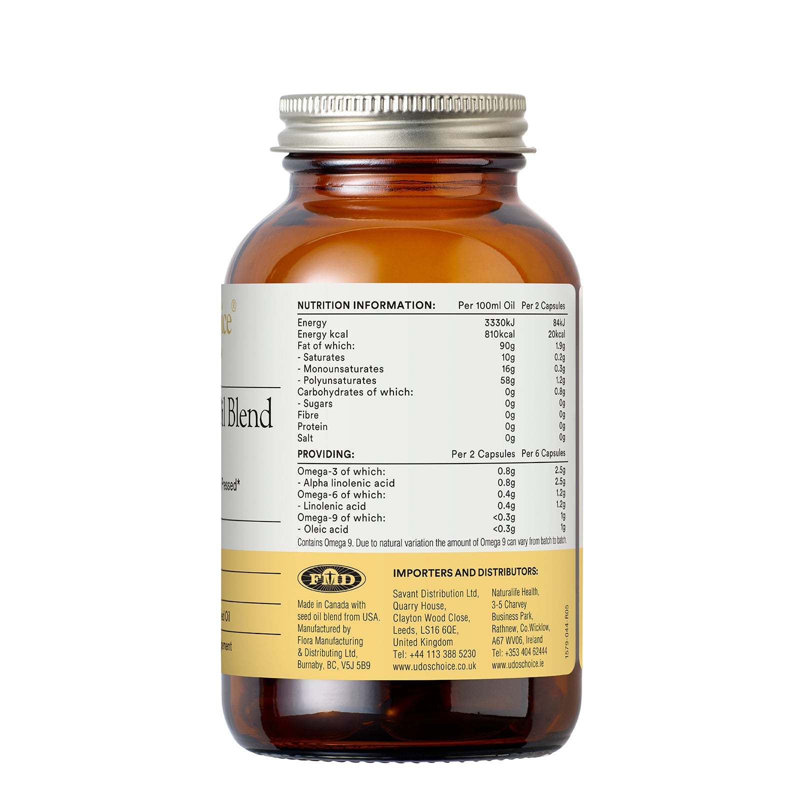 Brown supplement bottle with nutrition label on a white background