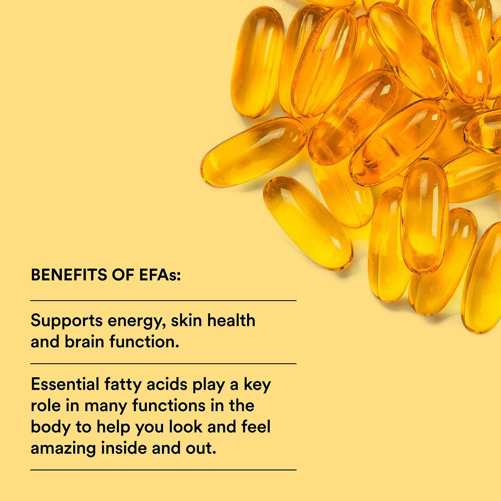 Yellow capsules with text about the benefits of EFAs on a yellow background