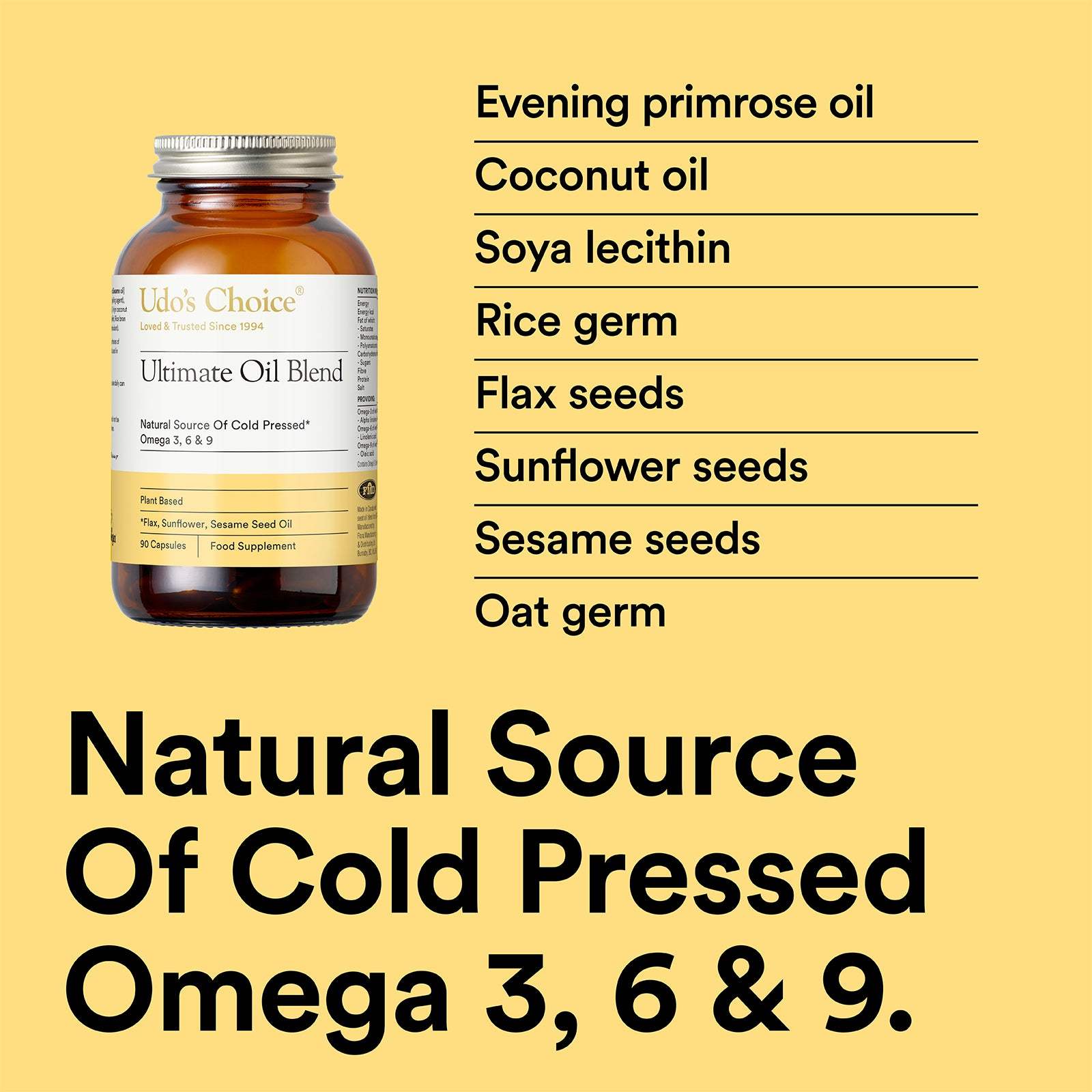 Udo's Choice oil blend bottle with ingredients listed on a yellow background