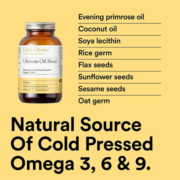 Udo's Choice oil blend bottle with ingredients listed on a yellow background