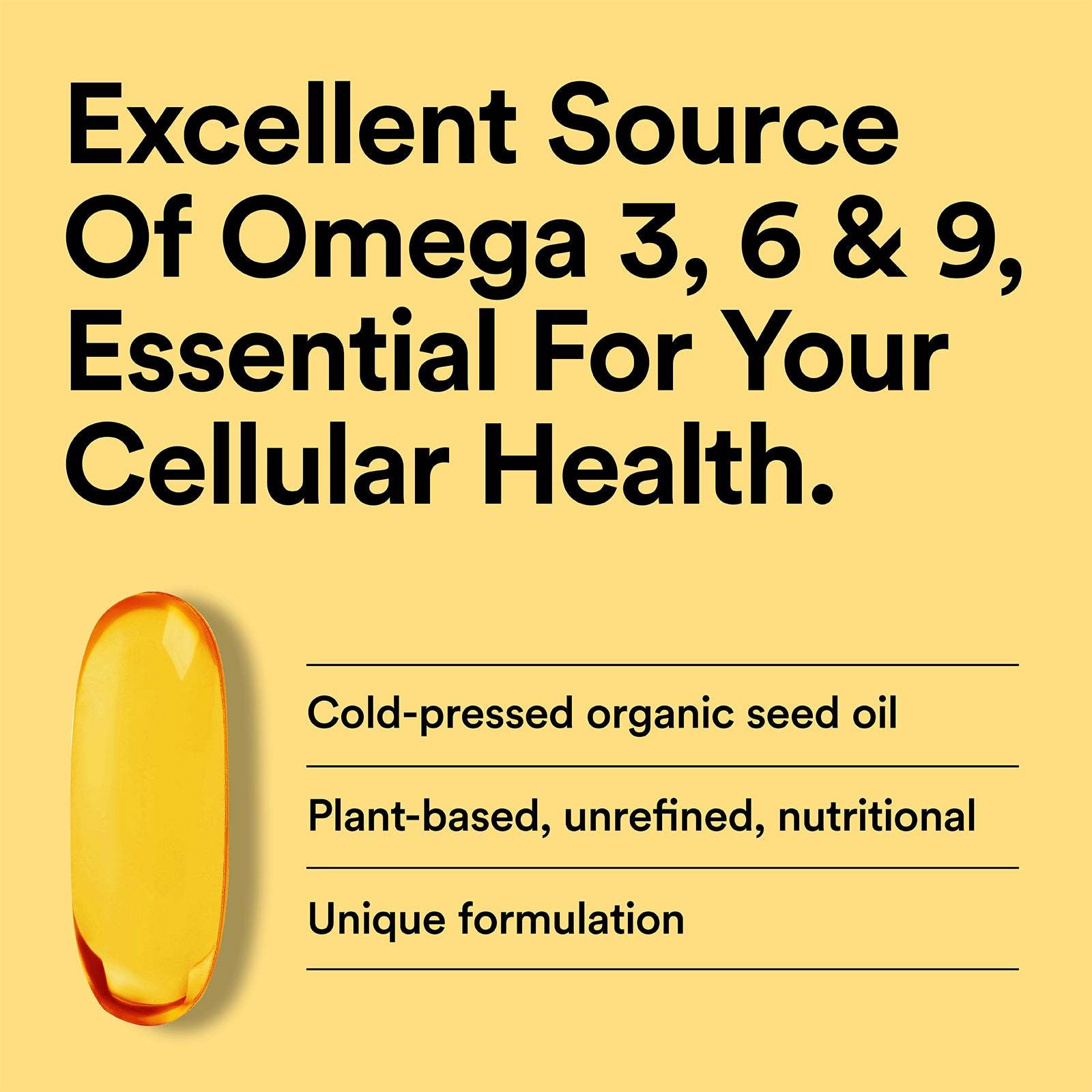 Yellow background with text about omega-3, omega-6, and omega-9 essential fatty acids for cellular health.