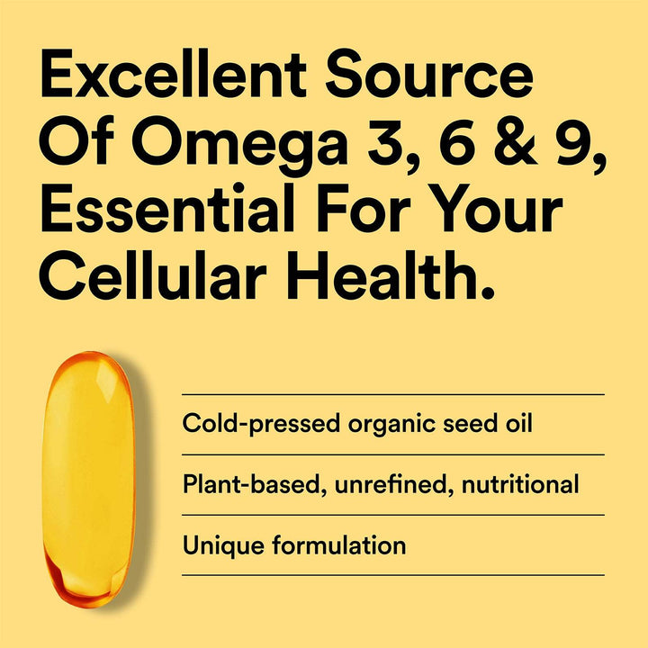 Yellow background with text about omega-3, omega-6, and omega-9 essential fatty acids for cellular health.
