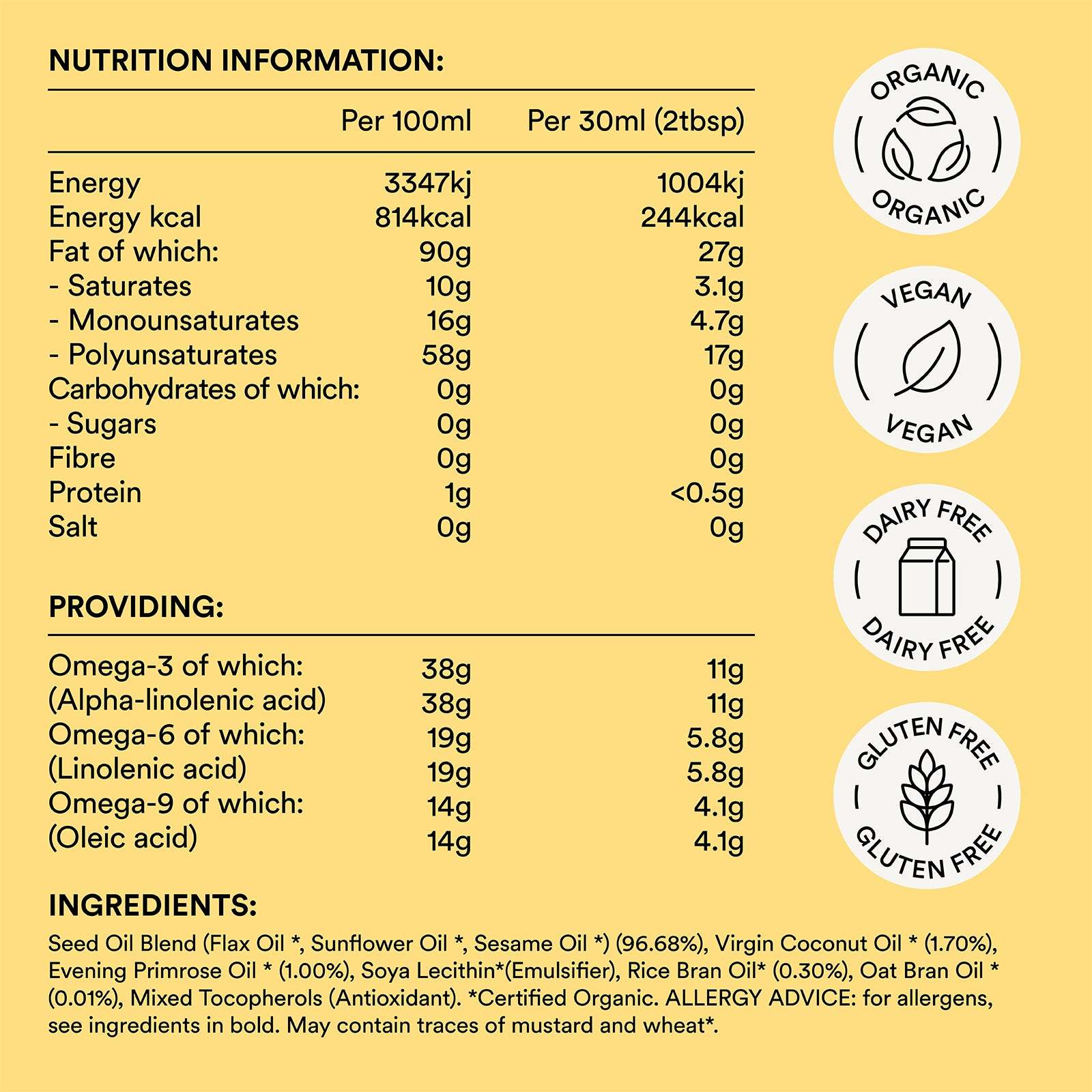 Nutrition information and certification logos on a yellow background