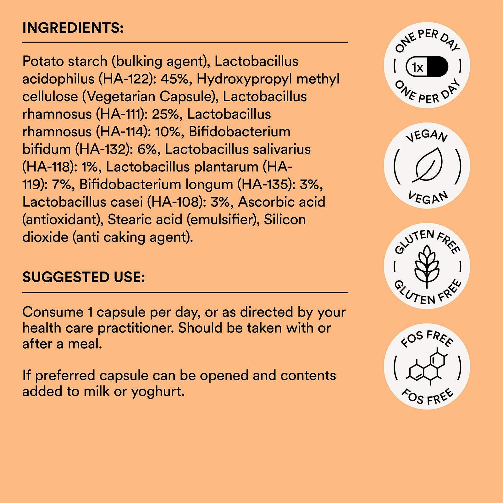 Product label with ingredients and suggested use on an orange background