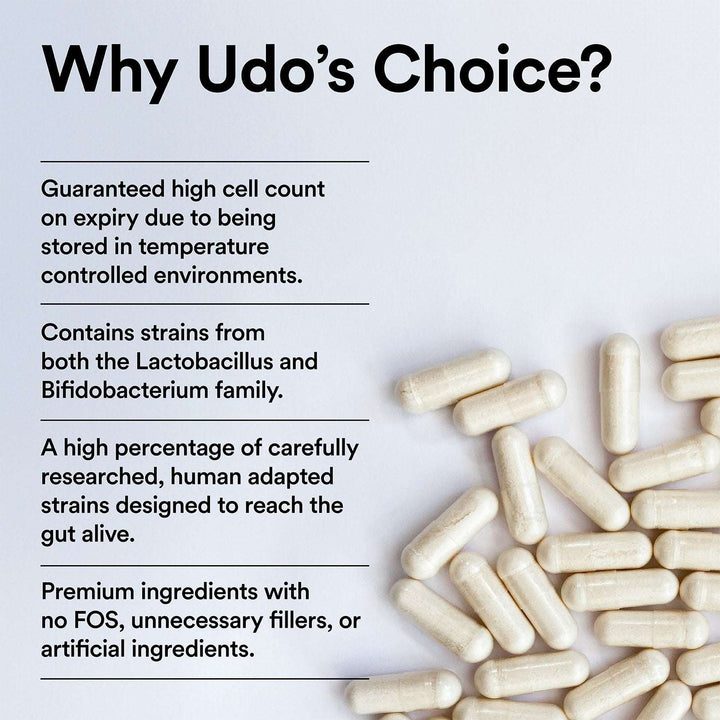 Udo's Choice supplement capsules with text on a light gray background
