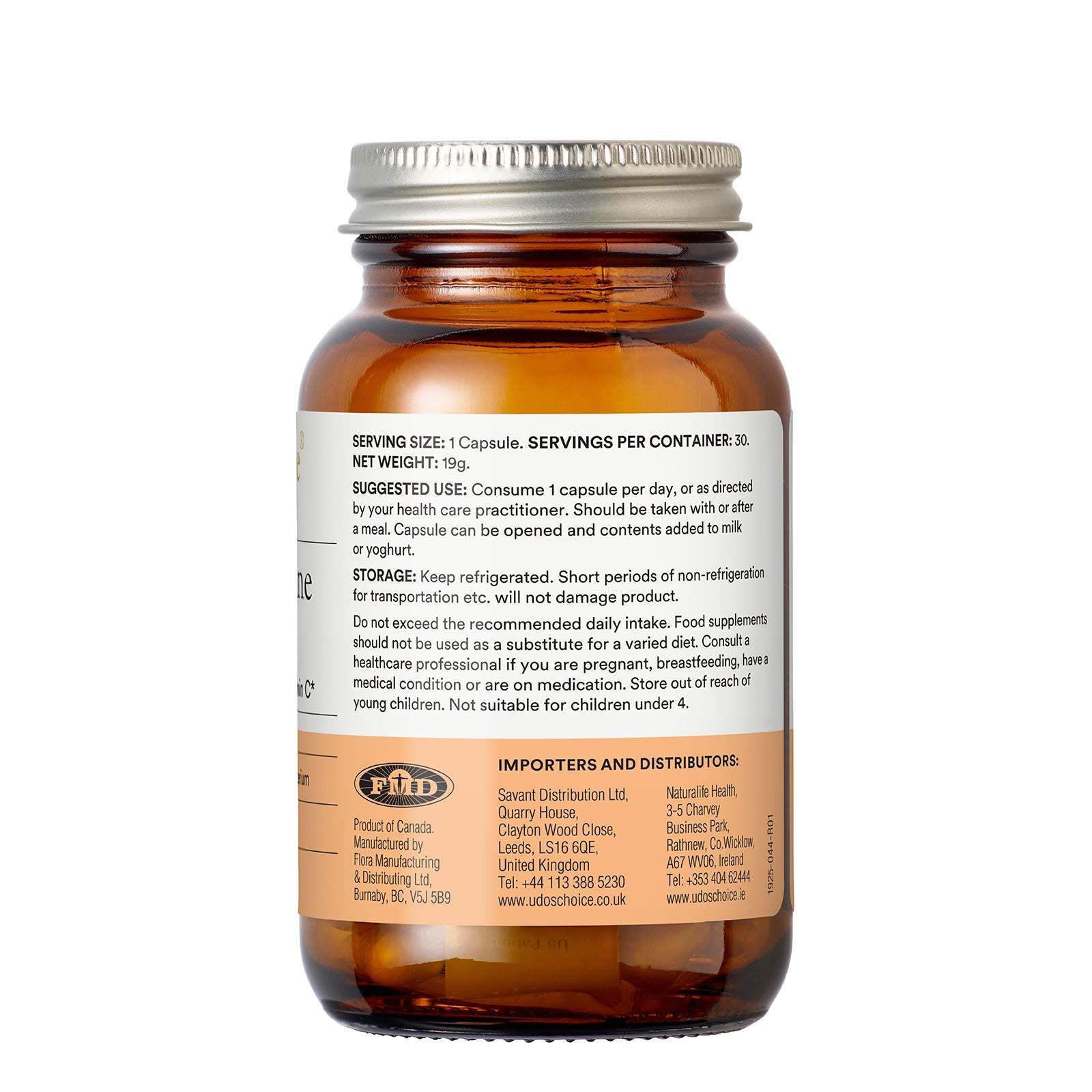 Brown supplement bottle with label on a white background