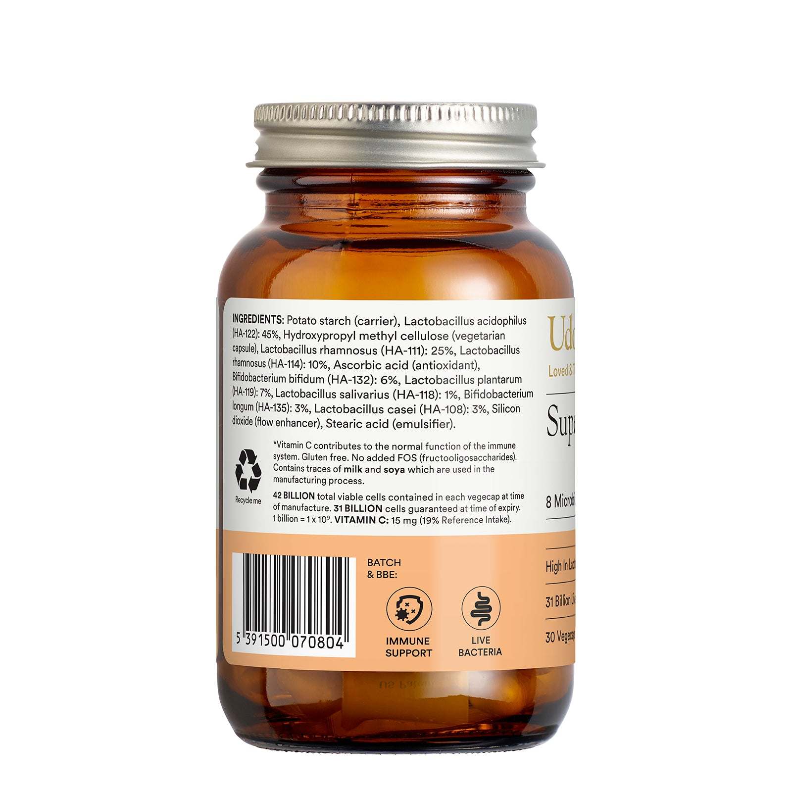 Brown supplement bottle with label on a white background