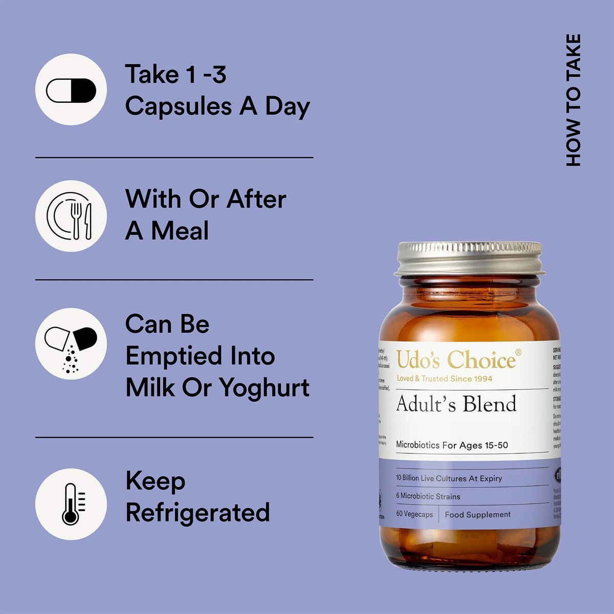 An informational product graphic for Udo's Choice Adult's Blend probiotic. The right side shows an amber supplement bottle with a silver cap and white label.
