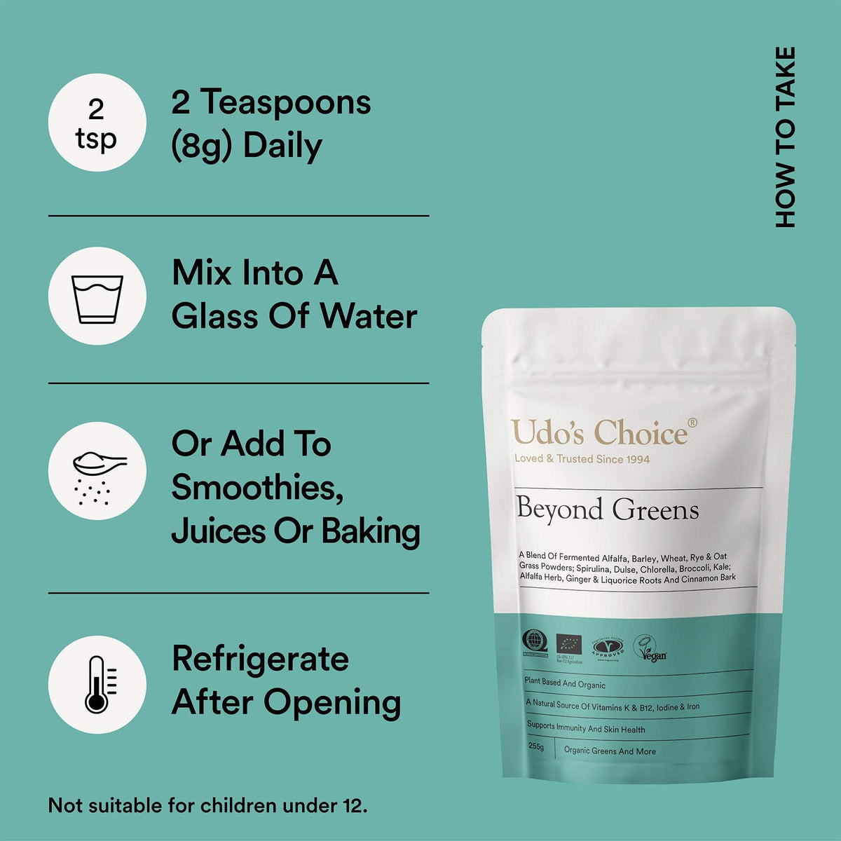 Teal infographic with text instructions and a stand-up pouch of Udo's Choice Beyond Greens powder on the right. The left side lists usage directions: 2 teaspoons daily, mix into a glass of water, add to smoothies/juices/baking, and refrigerate after opening.