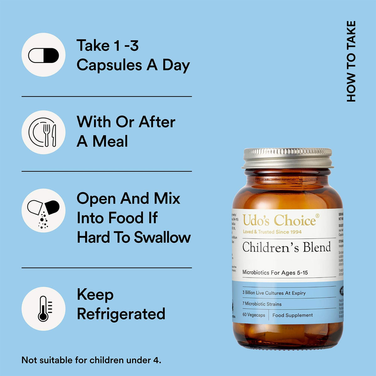 take 1-3 capsules a day. Can be opened and mixed into cool foods or drinks.