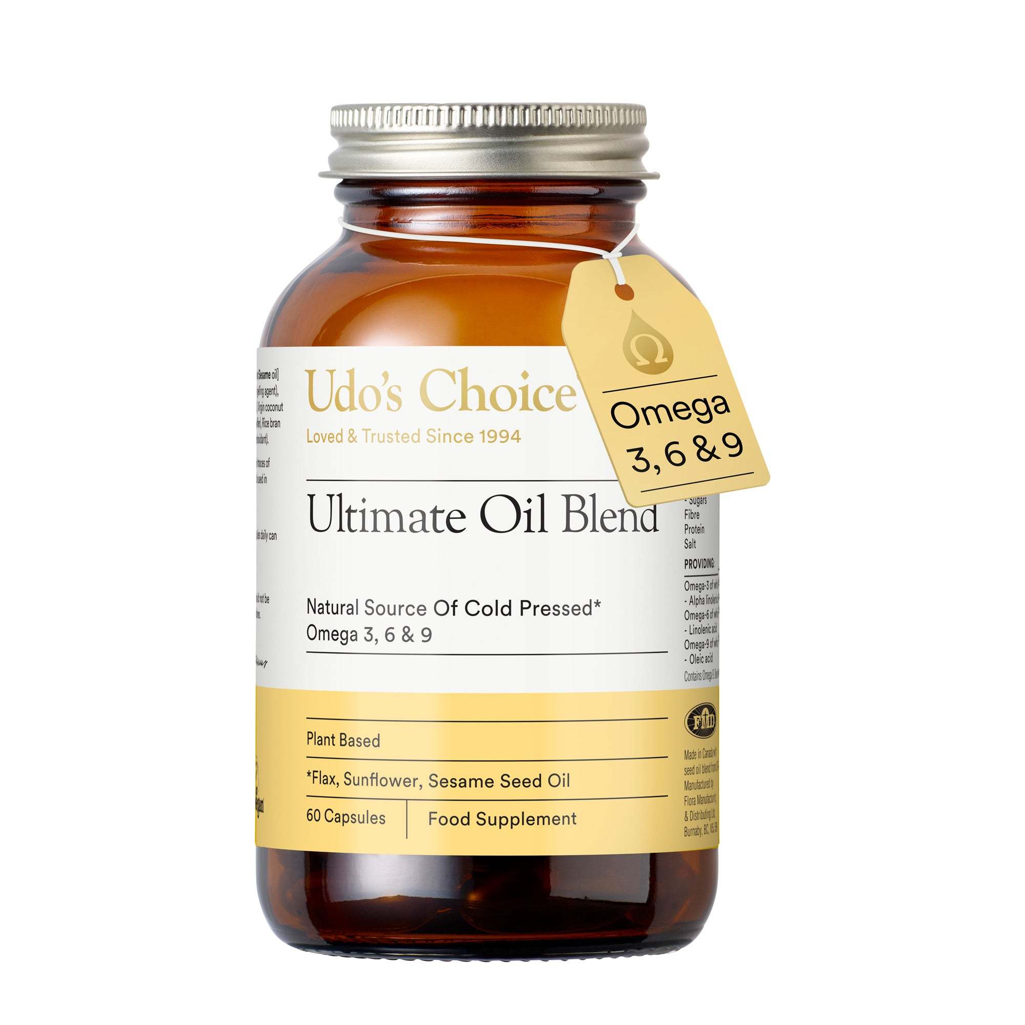 Ultimate Oil Blend Omega 3, 6, 0 in dark amber bottle wit h swing tag
