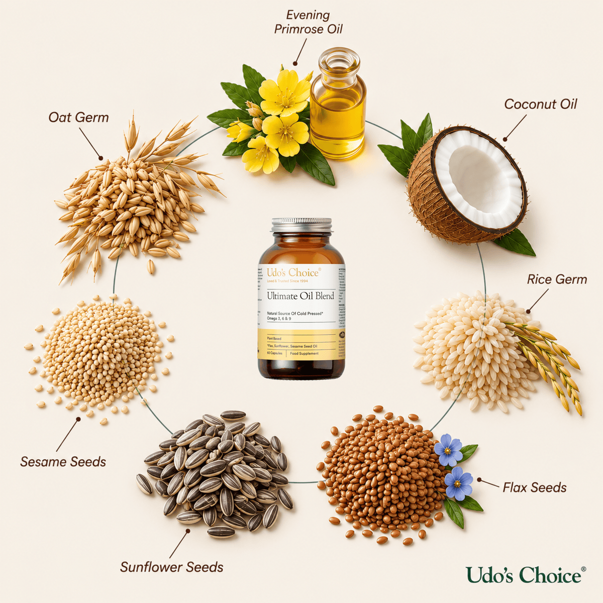 Udo's Choice Ultimate Oil Blend Capsules on a cream background, surrounded by labelled ingredient piles including oat bran, evening primrose oil, coconut oil, rice bran, sesame seeds, sunflower seeds and flax seeds